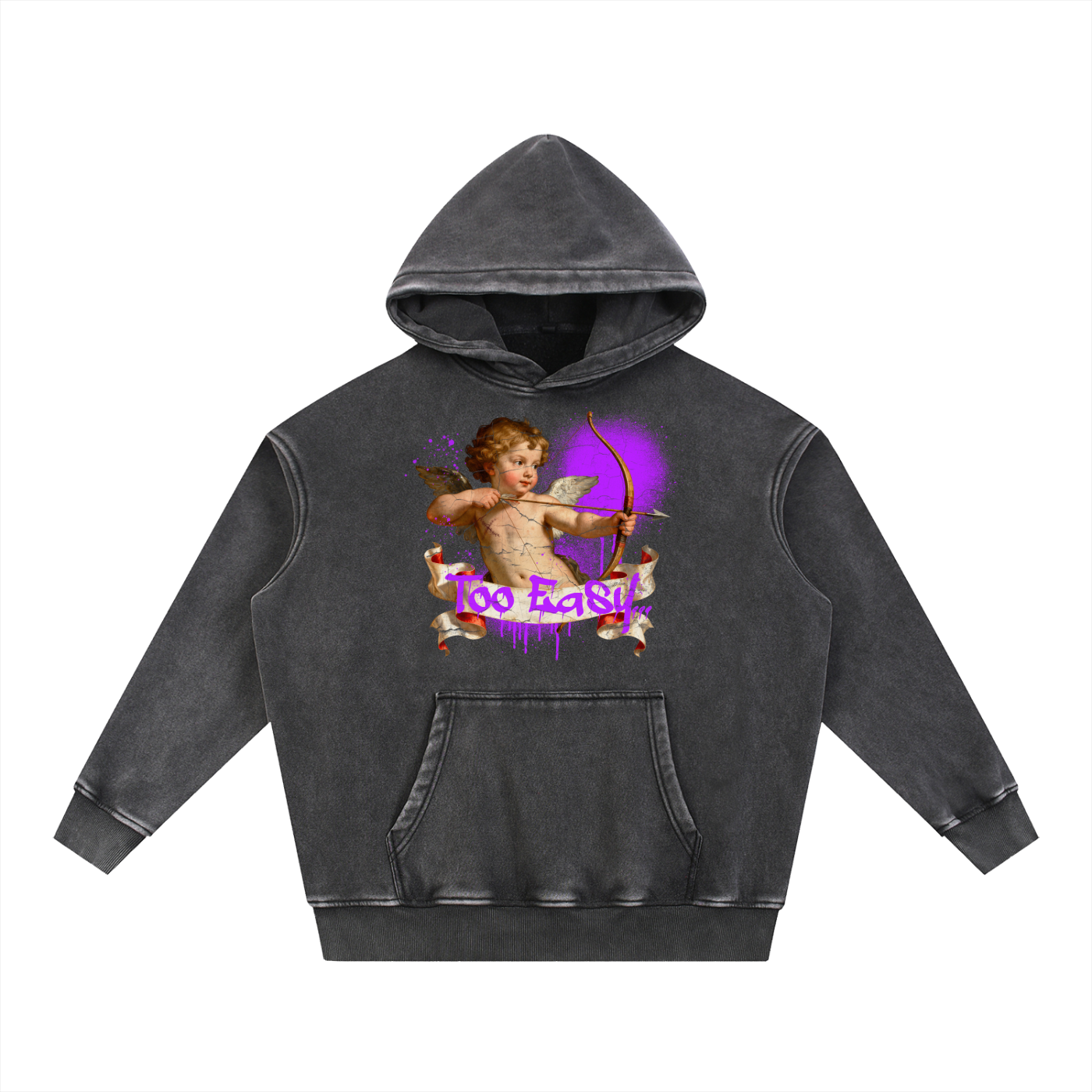 too easy hoodie,cupid hoodie,valentines streetwear hoodie,distressed graphic hoodie,snow washed hoodie,graffiti cupid design,arrow pointing hoodie,got em matching hoodie,streetwear valentine,renaissance cupid graphic