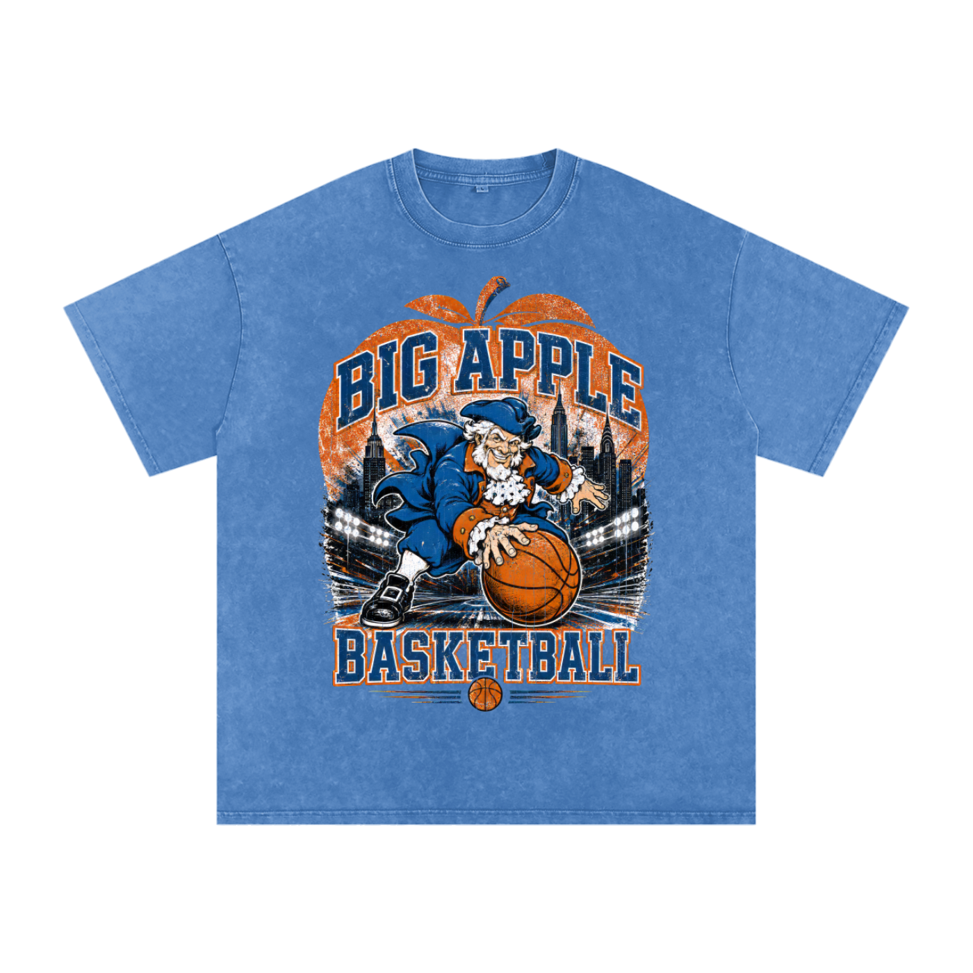 Big Apple Basketball,NYC Basketball Culture,City Basketball,90s Basketball Tee,Retro Basketball Graphic,Orange And Blue,Oversized Streetwear,NY Sports Culture,Distressed Graphic Tee