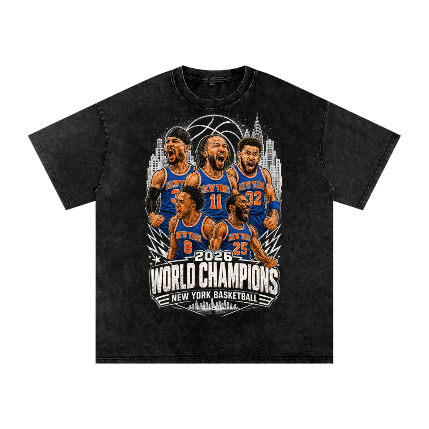 Front/product view of New York Basketball 2026 World Champions Snow Washed Oversized Cotton graphic T-shirt