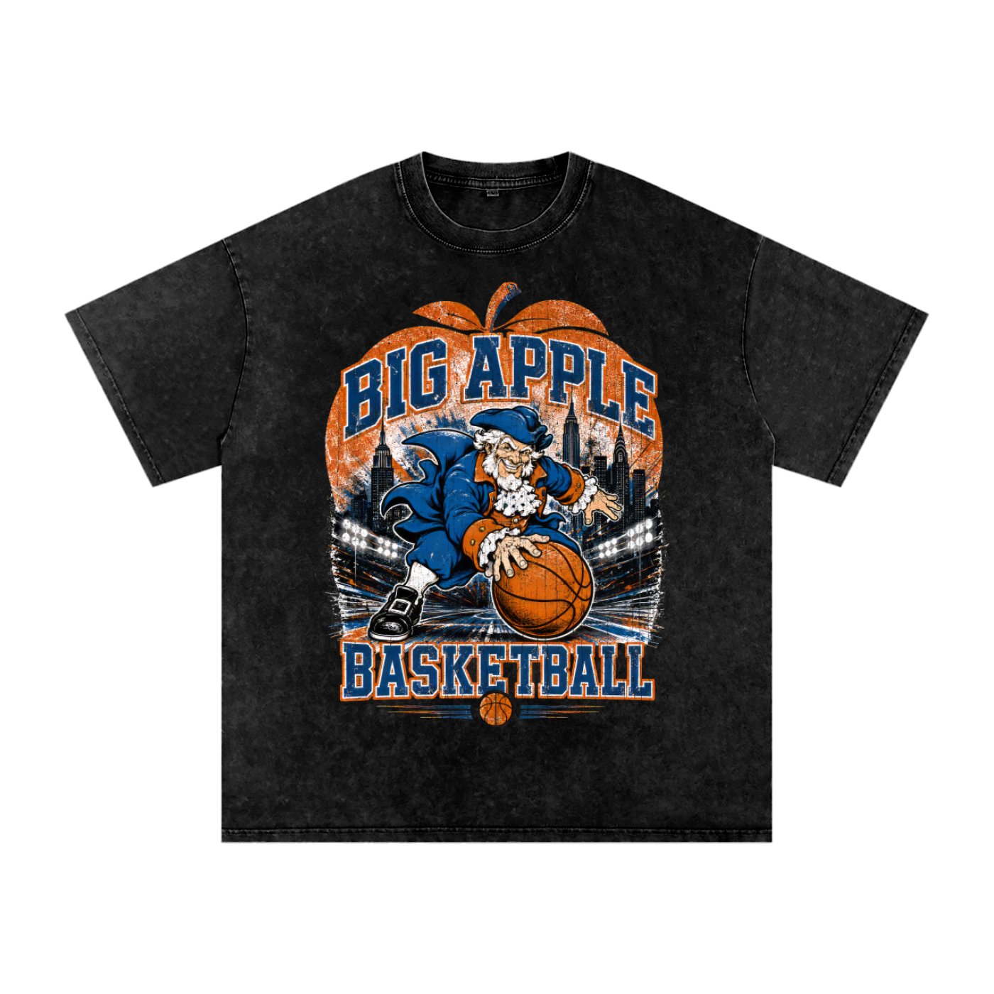 Big Apple Basketball,NYC Basketball Culture,City Basketball,90s Basketball Tee,Retro Basketball Graphic,Orange And Blue,Oversized Streetwear,NY Sports Culture,Distressed Graphic Tee
