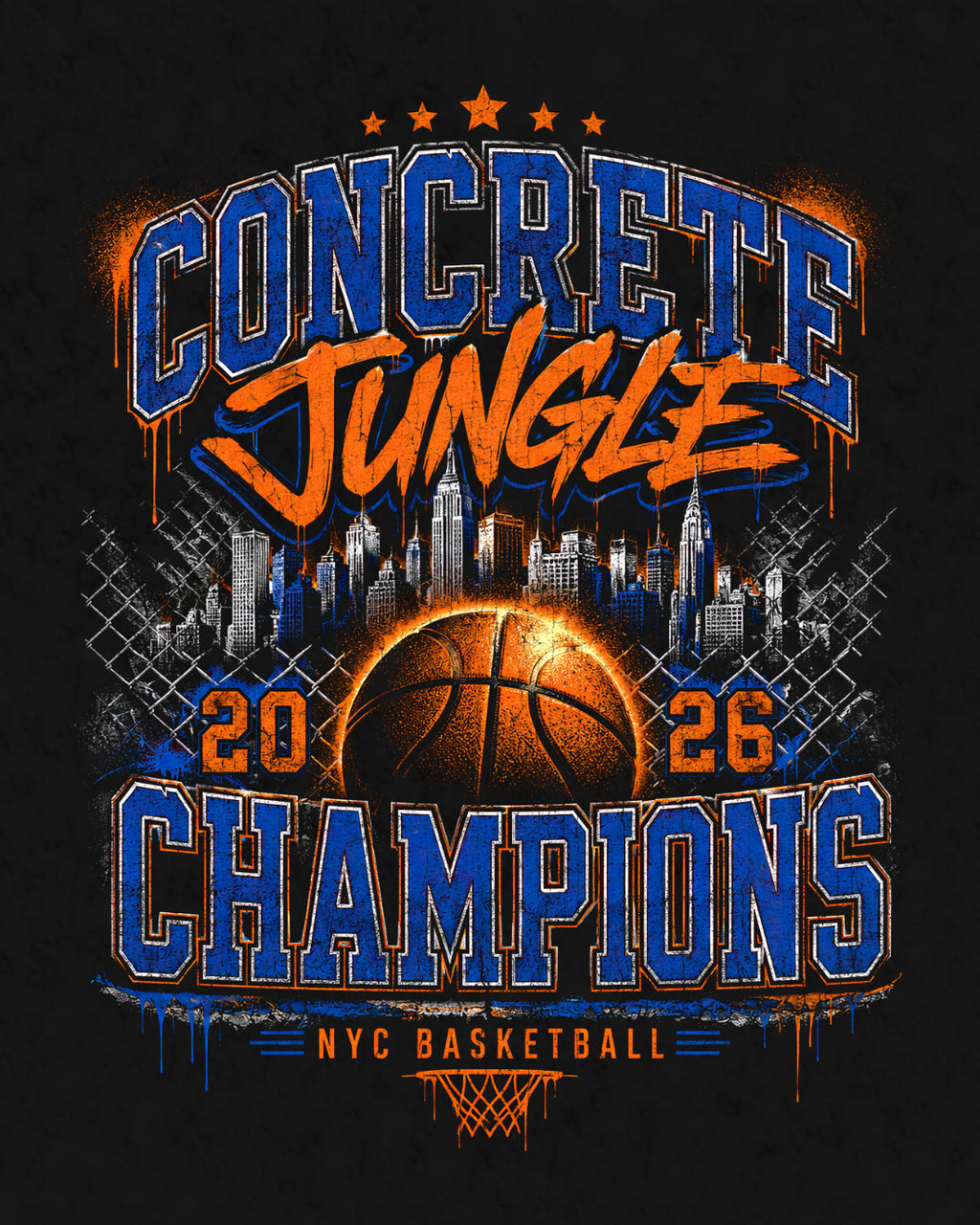 Concrete Jungle Champions 2026 Distressed Washed Snow Washed Oversized Cotton T-Shirt