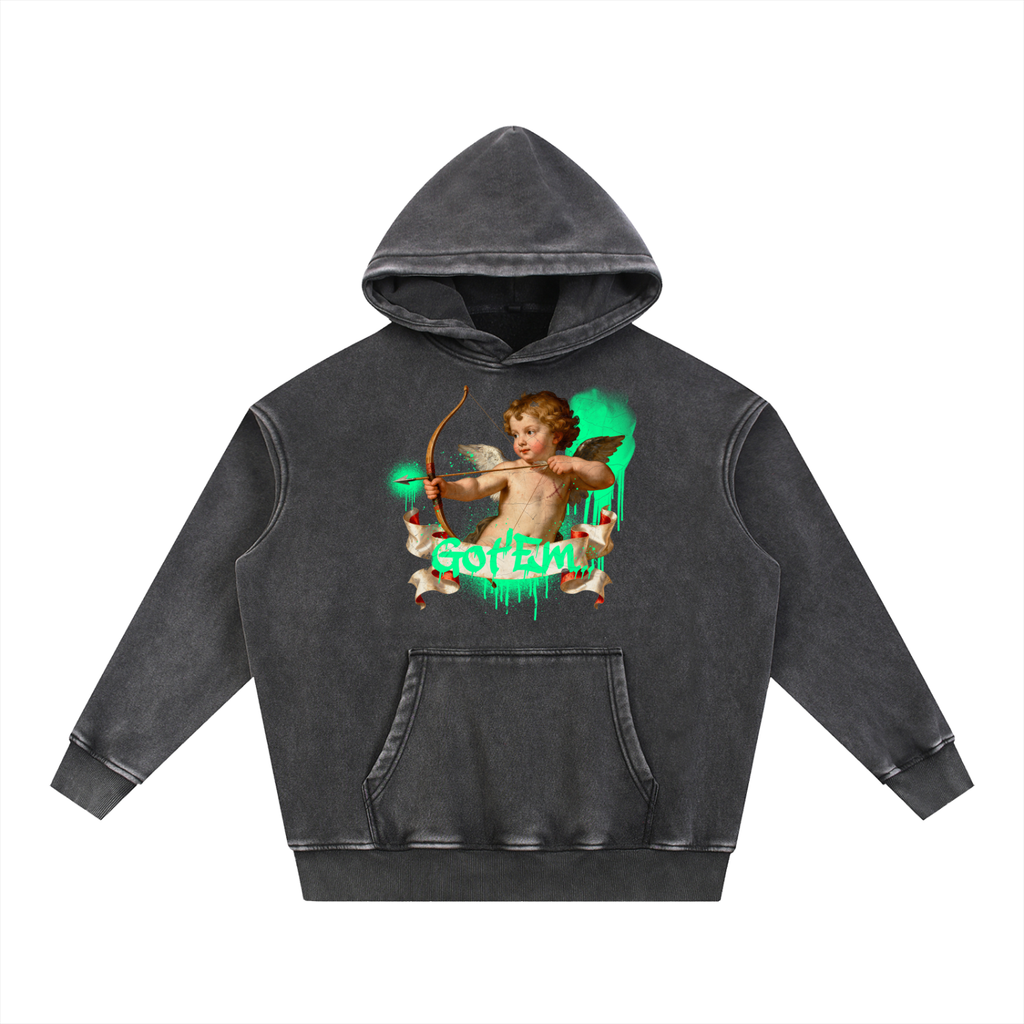 got em hoodie,cupid hoodie,valentines streetwear hoodie,distressed graphic hoodie,snow washed hoodie,graffiti cupid design,arrow pointing hoodie,couple matching hoodies,renaissance cupid graphic,drippy graffiti text hoodie