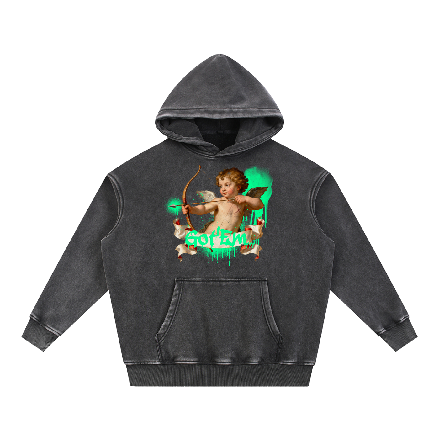 got em hoodie,cupid hoodie,valentines streetwear hoodie,distressed graphic hoodie,snow washed hoodie,graffiti cupid design,arrow pointing hoodie,couple matching hoodies,renaissance cupid graphic,drippy graffiti text hoodie