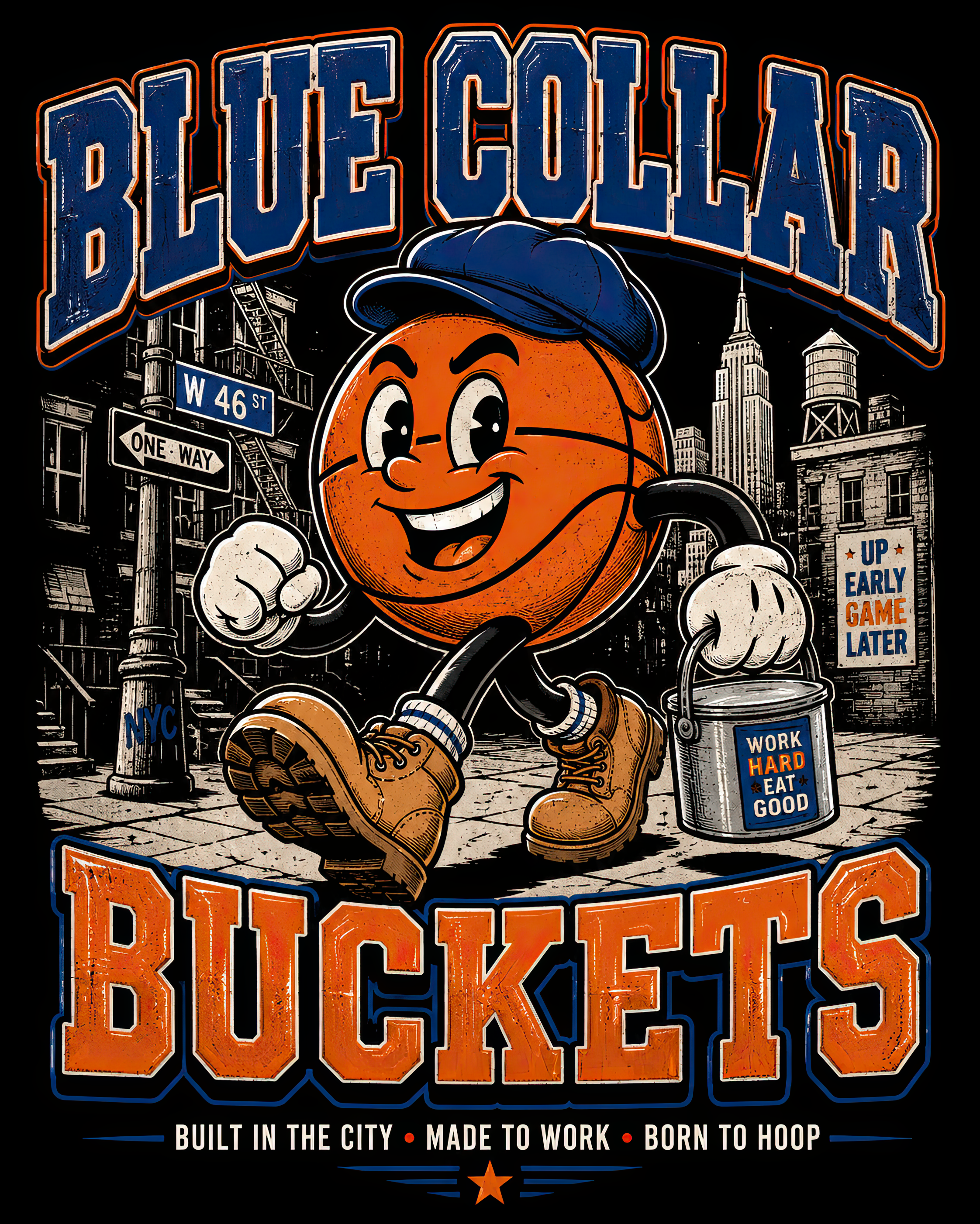 Blue Collar Buckets NYC Street Basketball - Streetwear Loose Drop Shoulder T-Shirt