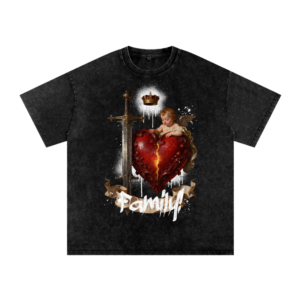 family valentine shirt,family over everything tee,renaissance art streetwear,cupid heart crown sword design,distressed graphic tee,washed black oversized tee,family unity apparel,family sticks together shirt,holiday dope fresh year round,streetwear valentine gift
