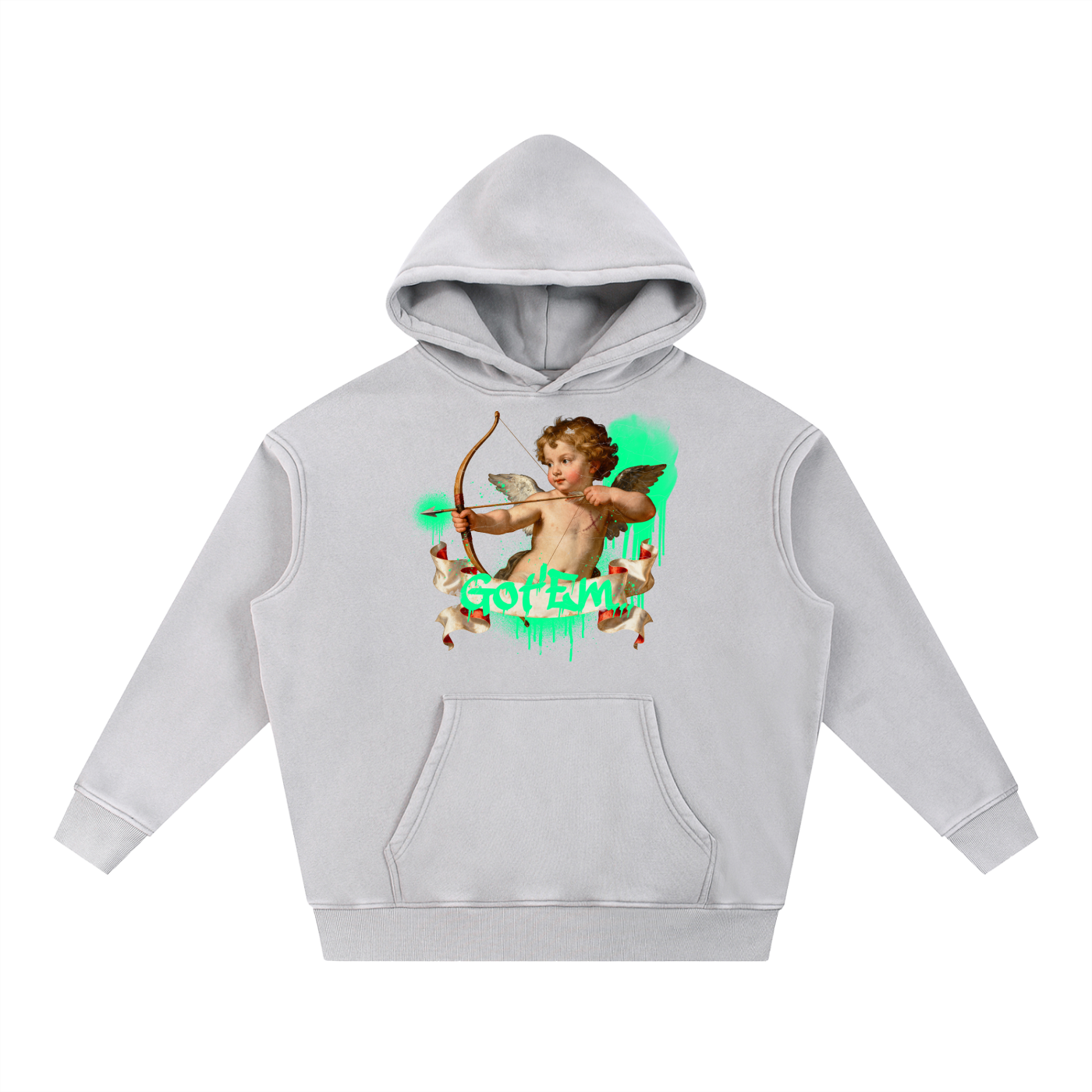 got em hoodie,cupid hoodie,valentines streetwear hoodie,distressed graphic hoodie,snow washed hoodie,graffiti cupid design,arrow pointing hoodie,couple matching hoodies,renaissance cupid graphic,drippy graffiti text hoodie