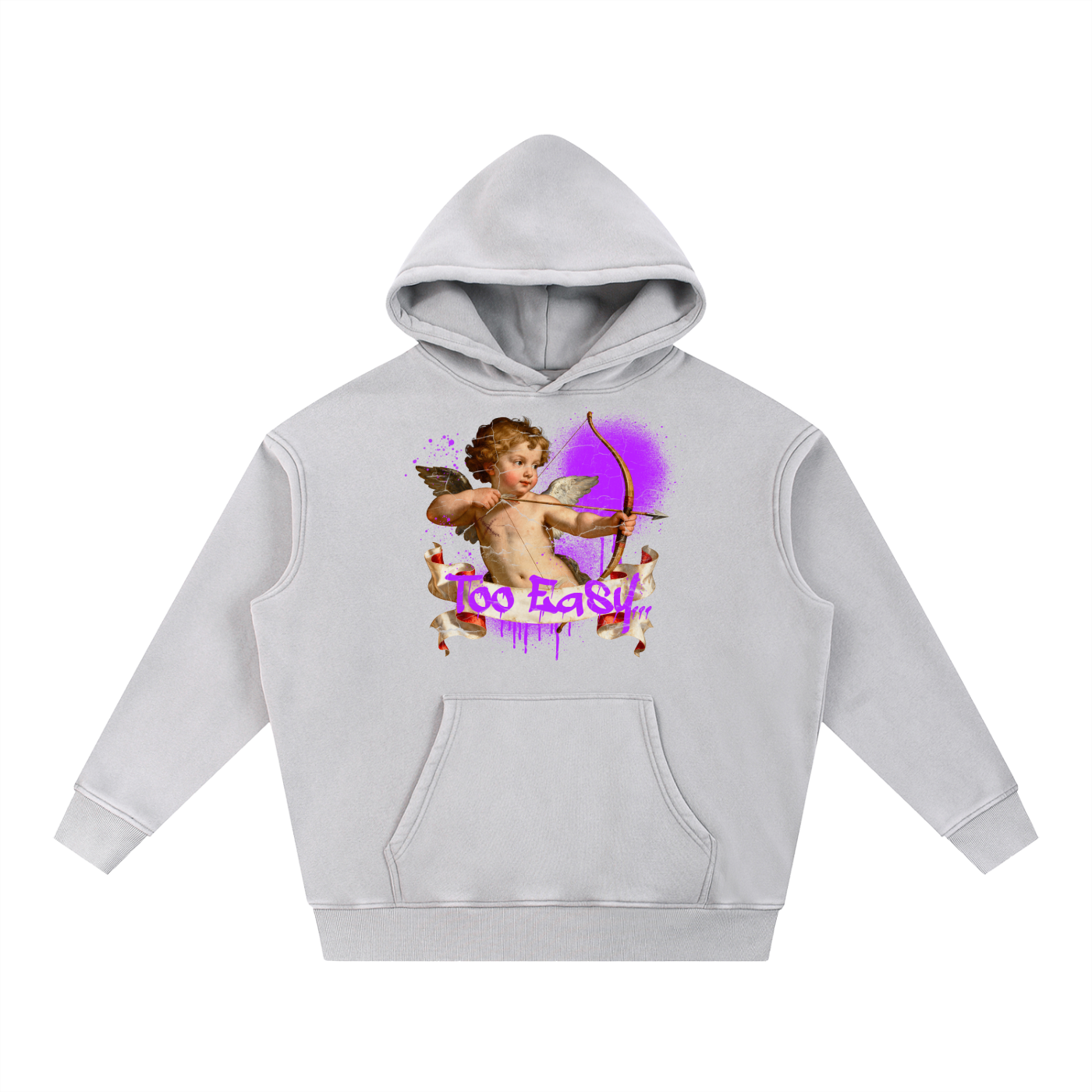 too easy hoodie,cupid hoodie,valentines streetwear hoodie,distressed graphic hoodie,snow washed hoodie,graffiti cupid design,arrow pointing hoodie,got em matching hoodie,streetwear valentine,renaissance cupid graphic