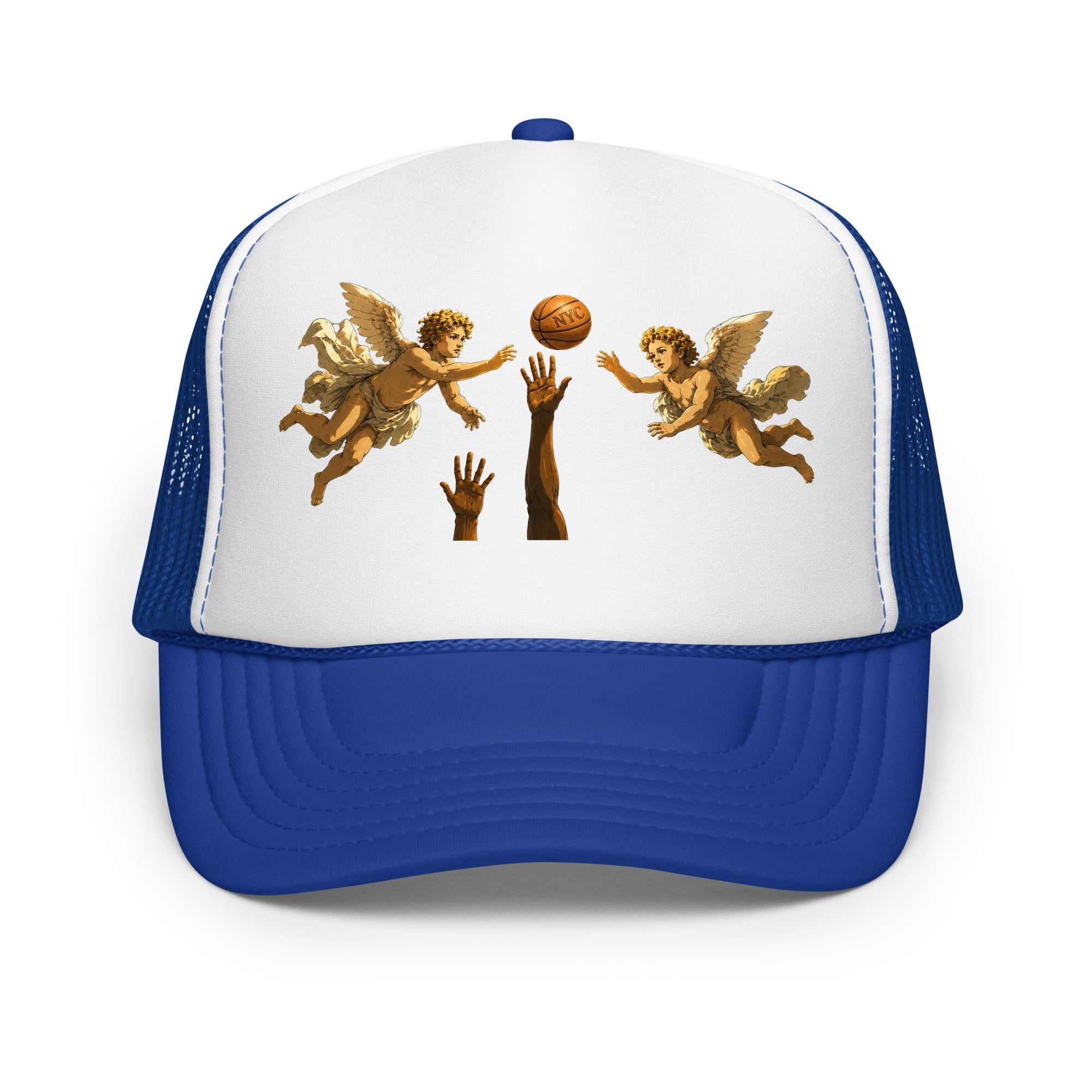 Back/detail view of Hand of OG Angels Above Foam Trucker Hat hat