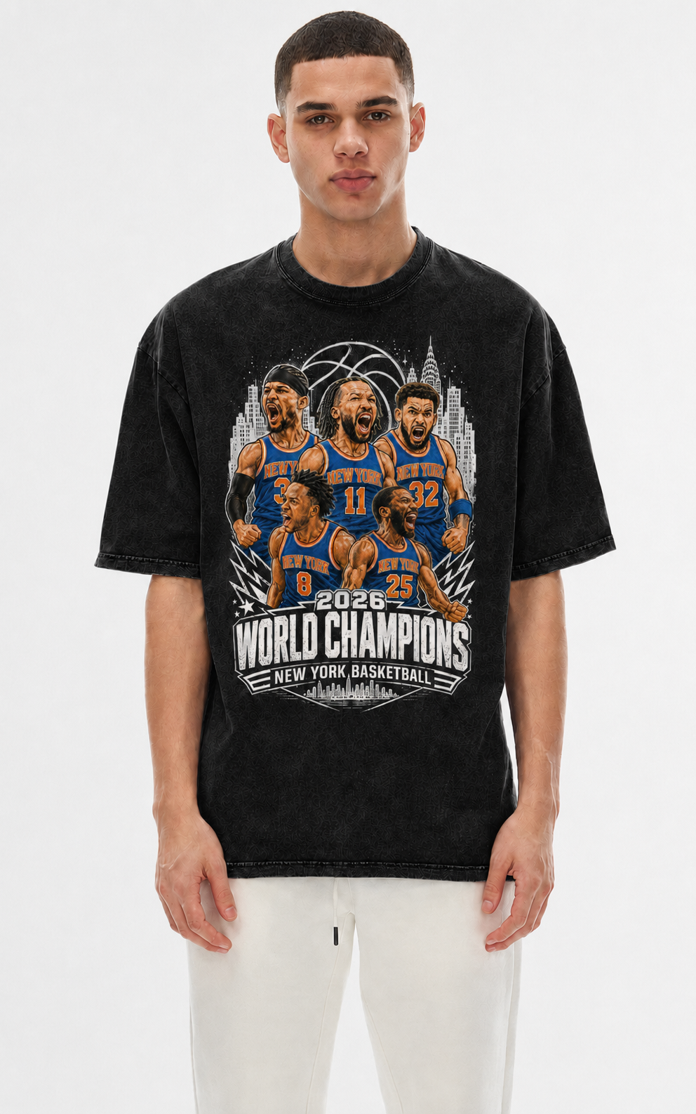New York Basketball 2026 World Champions Snow Washed Oversized Cotton T-Shirt