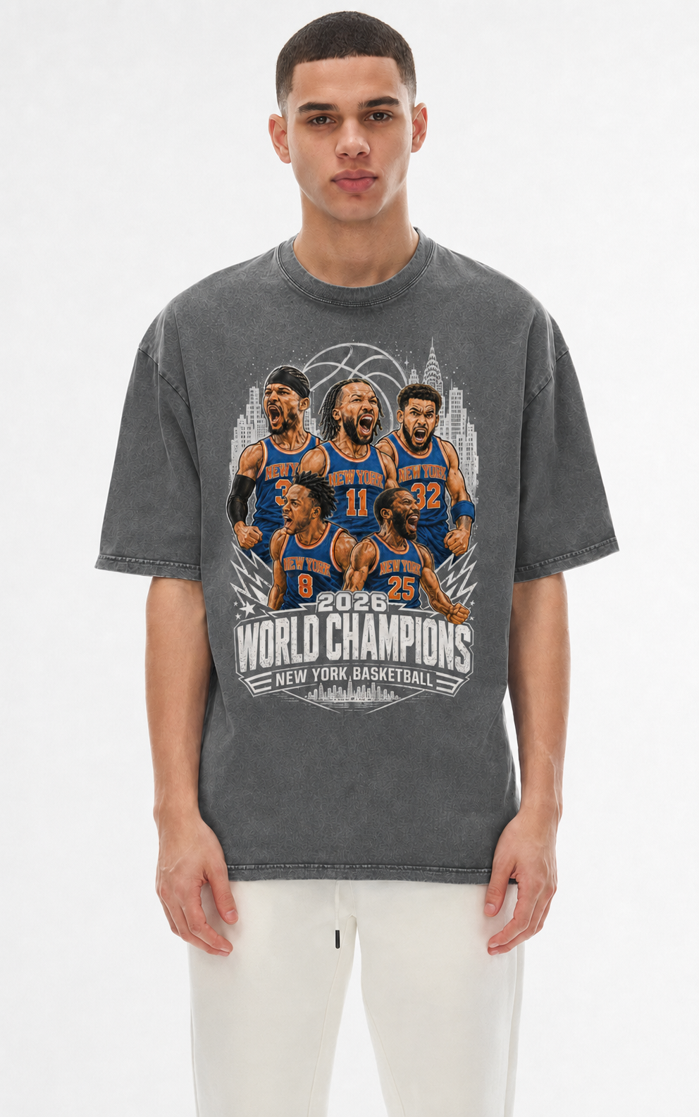 New York Basketball 2026 World Champions Snow Washed Oversized Cotton T-Shirt