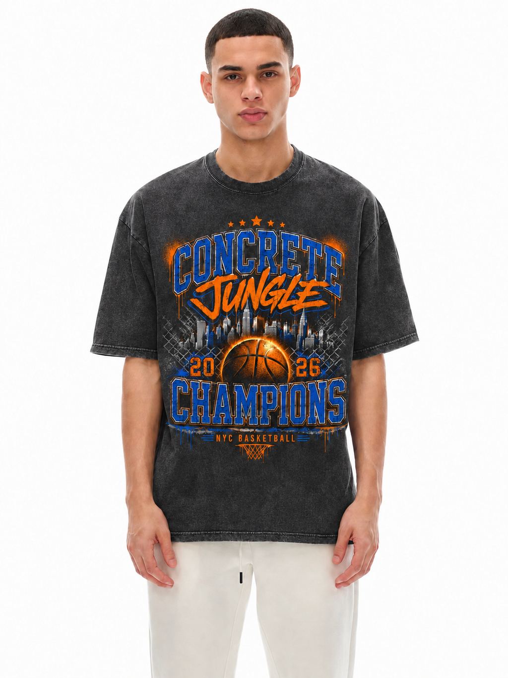 Concrete Jungle Champions 2026 Distressed Washed Snow Washed Oversized Cotton T-Shirt